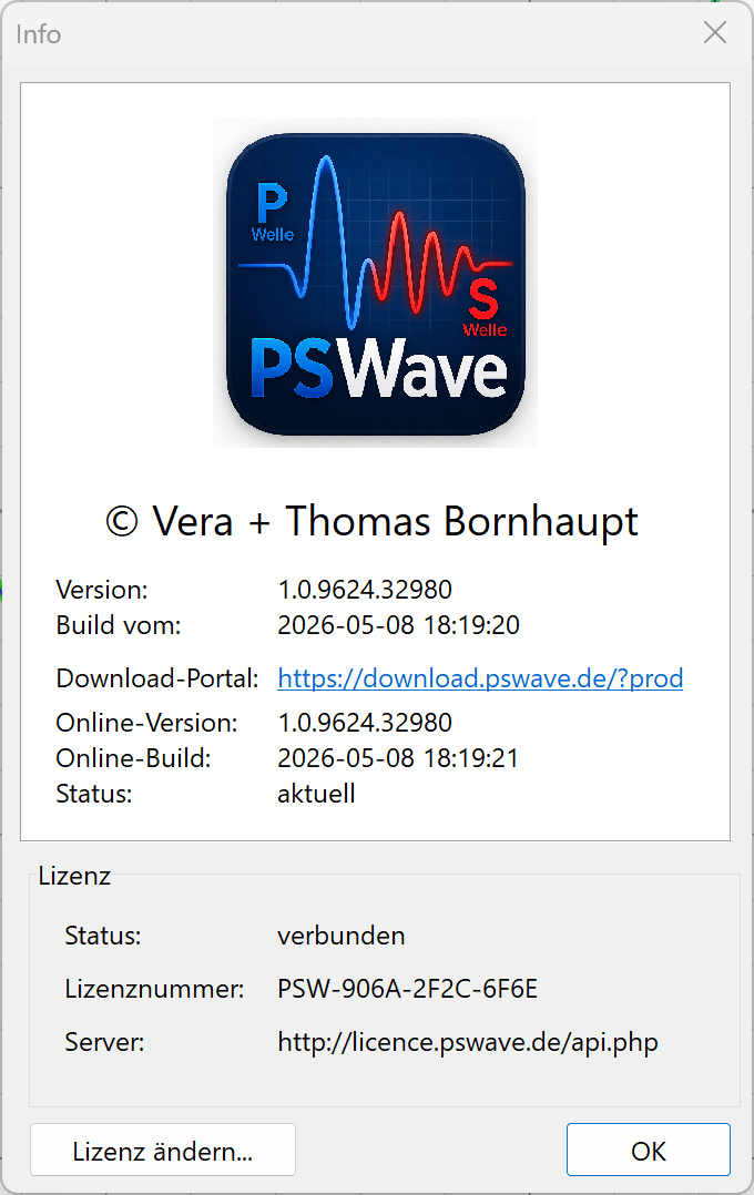 PSwave Infofenster mit Programm- und Lizenzinformationen